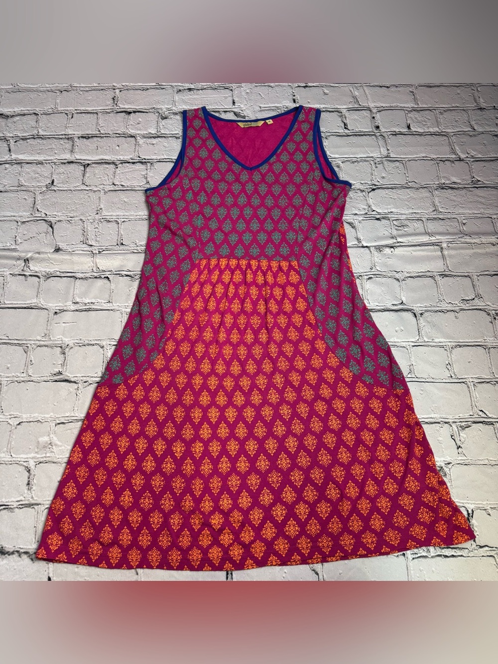 Global Desi Colorful Bohemian Pink Sleeveless Tank Dress w/ Blue Trim Size M